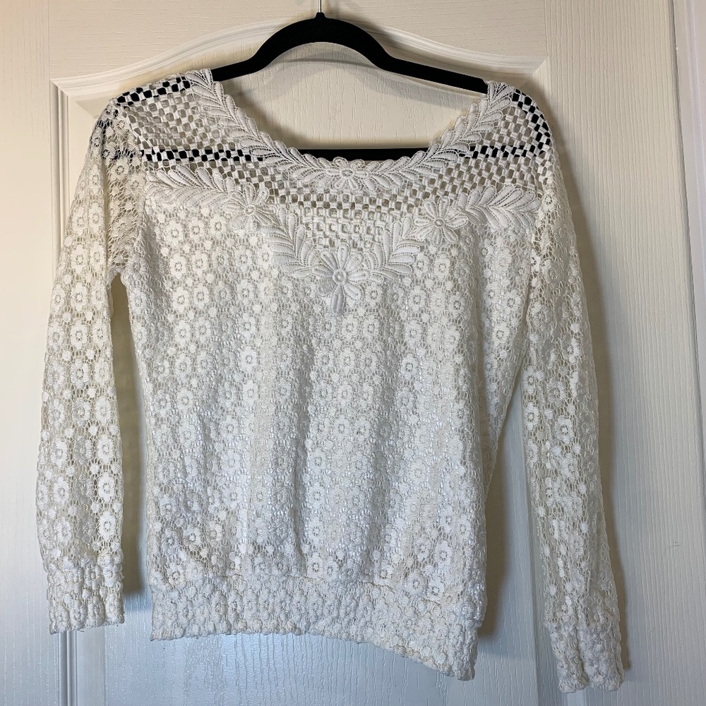 White Lace Long Sleeve Top Asian Label XXL (Fits M) Romantic Cottagecore